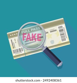 Detection of a fake full pass ticket on a blue background with long shadow (flat design) - Powered by Shutterstock