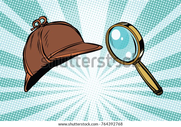 Detective hat and magnifying glass. Pop art\
retro \
illustration