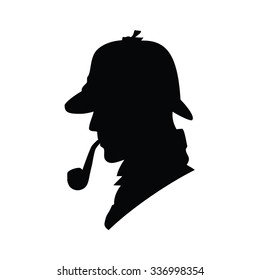 Detective raster profile icon, logo. Detective raster silhouette. Man in hat, agent spy, private and mysterious, human inspector