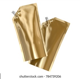 Detergent refill package, 3d render champagne gold stand-up pouch bag mockup set with cap floating in the air