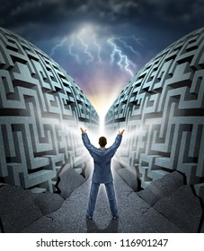 Determination To Succeed With A Business Man Magically Opening Up And Parting A Complicated Maze  To A Clear Path To Success With Dramatic Thunder As A Concept Of Power To Surmount Challenges.