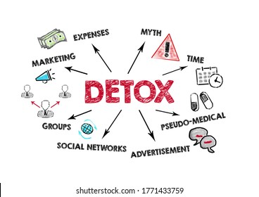 DETOX. Marketing, Myth, Pseudo - Medical And Social Networks Concept. Chart With Keywords And Icons On White Background