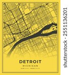 Detroit Black and Yellow City Map Home Decor, Michigan