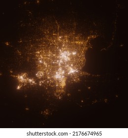 Detroit (Michigan, USA) Street Lights Map. Satellite View On Modern City At Night. Imitation Of Aerial View On Roads Network. 3d Render, High Resolution