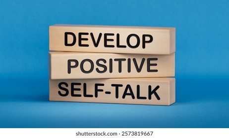 Develop positive self-talk symbol. Concept words Develop positive self-talk on wooden blocks.Business and Develop positive self-talk concept.3D rendering on blue background. - Powered by Shutterstock - Get 15% off with code: PIKWIZARD15