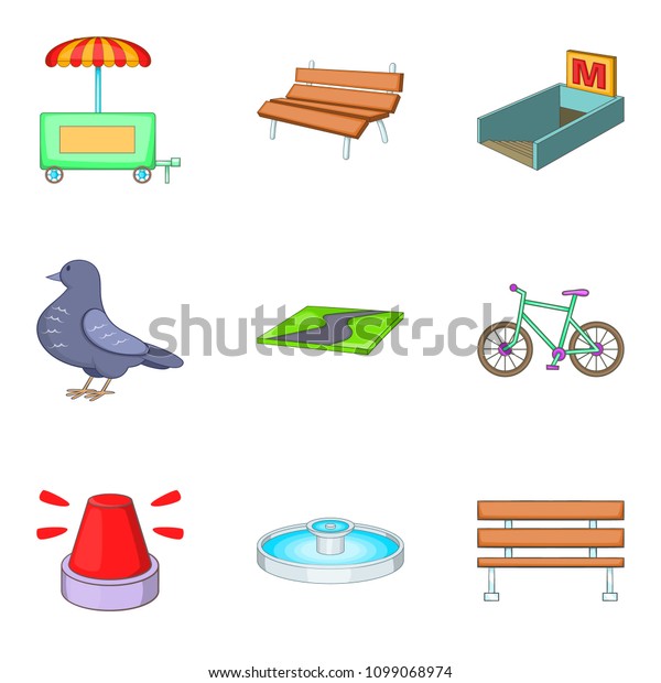 Developed town icons set.\
Cartoon set of 9 developed town icons for web isolated on white\
background
