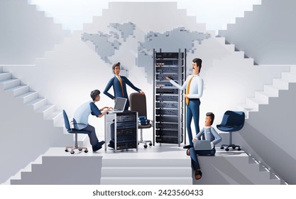 IT developers are having a meeting, collaborating on a project and sharing ideas in an abstract environment with many stairs, representing professional growth and opportunities. 3d Rendering