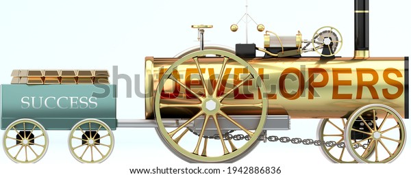 Developers and success - symbolized by a\
steam car pulling a success wagon loaded with gold bars to show\
that Developers is essential for prosperity and success in life, 3d\
illustration