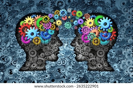 Developing Communication Skills and Neuroscience development or training concept as a group of cog wheels and gears shaped as human head with information transfer as a technology brain symbol.