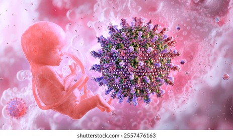 Developing fetus and rubella virus. Congenital rubella syndrome, associated birth defects: microcephaly, heart, hearing loss. Pregnancy, prenatal care, vaccination to prevent rubella infection. 3D - Powered by Shutterstock