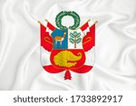 A developing white flag with the coat of arms of Escudo nacional del Peru. Country symbol. Illustration. Original and simple coat of arms in official colors and the right proportion