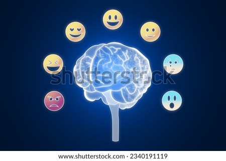 Development of emotional intelligence concept. Polygonal human brain and various human emotions: fear, surprise, joy, sadness, anger. Hologram on blue background. 3D Rendering