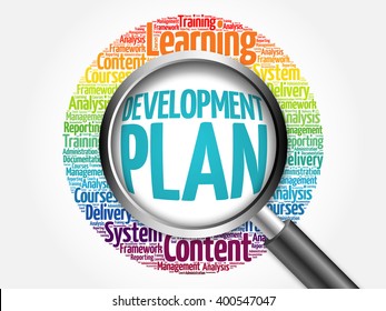 Development Plan Word Cloud With Magnifying Glass, Business Concept