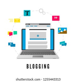Development and publication blog post. Website development. Blogging concept. illustration isolated on white background