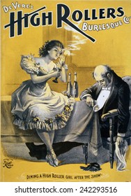 Devere's High Rollers Burlesque Company, A Chorus Girl Smoking While Her Older, Well-dressed Male Companion Has Passed Out From Too Much Champagne. Burlesque Chorus Girls. 1899