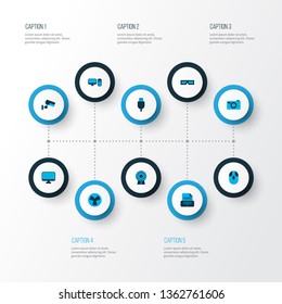 Device Icons Colored Set With Fan, 3d Glasses, Web Cam And Other Cctv Elements. Isolated  Illustration Device Icons.