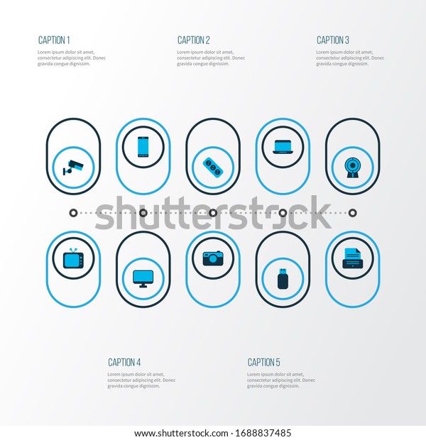 Device icons colored set with web cam, tv, flash\
drive and other mobile phone elements. Isolated illustration device\
icons.