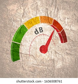 A Device For Measuring The Sound Intensity In Decibels. Infographic Gauge Element. Isometric Level Scale From Green To Red With Arrow.