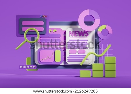 Device screen with news window and widgets on purple background. Pie chart with graphs, stock market icons. Concept of optimization and seo. 3D rendering