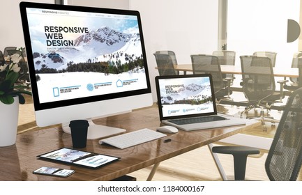 devices at modern office 3d rendering showing responsive web design website - Shutterstock ID 1184000167