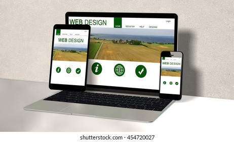 devices responsive with responsive website on workspace - 3d rendering