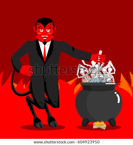 Devil boil sinners boiler. Demon cooking Big black pan. Skeletons in boiling pitch. Hells torments. Devil attempts dead. Price paid for sins. Religious illustration