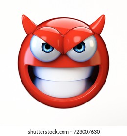 Devil Emoji Isolated On White Background, Evil Emoticon 3d Rendering