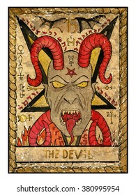 The devil.  Full colorful deck, major arcana. The old tarot card, vintage hand drawn engraved illustration with mystic symbols. Scary demon face against pentagram background. Halloween image