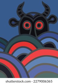 Devil with red eyes hiding behind waves of blue and red colored circles. Decorative geometric abstract illustration wall art poster of fear, hiding, evil, trouble, danger