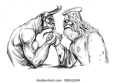 The Devil is struggling with God. Comic religious illustration