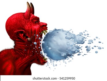 Devil In Winter As A Red Demon Or Monster With In An Open Mouth Having A Frozen And Melting Snowball Heading Towards The Character As A Metaphor For Weather On White With 3D Illustration Elements.