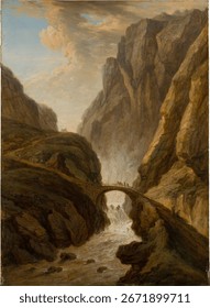 Devil's Bridge on the St Gotthard Road, 1781 by christian georg schutz the elder. Vintage artwork by Christian Georg Schut, famous artist. Famous vintage old painting, art illustration.