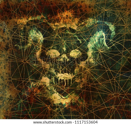 Devils face on mysterious cosmic background. Death symbol, black magic concept. Occult, esoteric and Halloween illustration