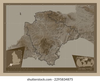Devon, administrative county of England - Great Britain. Elevation map colored in sepia tones with lakes and rivers. Locations and names of major cities of the region. Corner auxiliary location maps