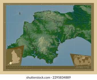 Devon, administrative county of England - Great Britain. Colored elevation map with lakes and rivers. Locations and names of major cities of the region. Corner auxiliary location maps