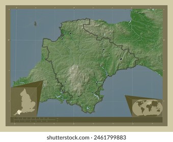 Devon, administrative county of England - Great Britain. Elevation map colored in wiki style with lakes and rivers. Locations of major cities of the region. Corner auxiliary location maps