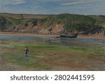 A Devon River at Low Tide, June 16, 1859. Gouache art illustration, vintage painting.