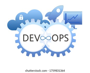 DEVOPS Concept. Developers And Operations Symbols. Cloud Security, Rocket, Monitor, Gears. Illustration In Blue. White Background.