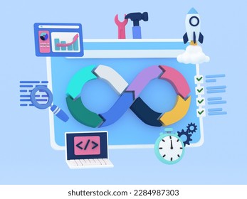 DevOps concept illustration. Abstract web screen for software development with icons of a plan, code, build, test, release, deploy, operate, monitor. 3d rendering image. - Powered by Shutterstock