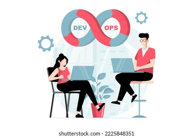 DevOps concept with people scene in flat design. Man and woman programmers coding and creating software, engineering and optimizing workflow. Illustration with character situation for web
