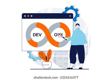 DevOps concept with people scene in flat design for web. Man researching project workflow, improvement and optimization processes. Illustration for social media banner, marketing material.