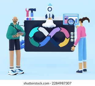 DevOps cycle concept illustration. Handsome beard man coding, building, planining. Woman testing, monitoring process. Release, deploy, operate icons floating around. 3d rendering image.
