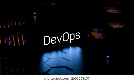 DEVOPS text,word,luminous lettering on blurred background with backlight. Development Operations technological software concept,wallpaper.3D render