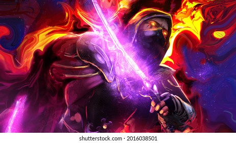A dexterous assassin in a dynamic pose with ethereal daggers uses demonic portals from black magic to move around the battlefield, his face is masked and hooded, his eyes are burning with hellfire 2d 