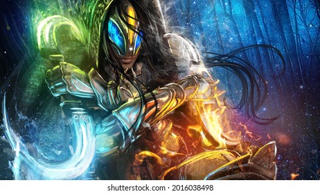 A Dexterous Shaman Woman In A Dynamic Pose Dodges An Attack In The Middle Of An Icy Forest, In Her Hands Double-sided Daggers Allow Her To Control All Four Elements: Fire, Earth, Wind And Water. 2d 