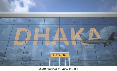 Dhaka City Name And Landing Plane At Modern Airport 3D Rendering