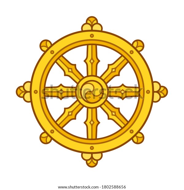 Dharmachakra (Dharma Wheel) symbol in
Buddhism. Golden wheel sign art. Isolated
illustration.