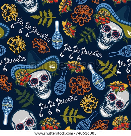 Dia De Muertos. Seamless pattern with skulls in hats with maracas, flowers with marigolds. Raster copy.
