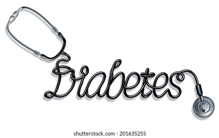 Diabetes concept as a doctor stethoscope shaped as text as medical health care symbol of diabetic care and diagnosis of blood sugar condition on a white background.