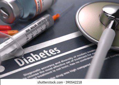 Diabetes - Medical Concept on Grey Background with Blurred Text and Composition of Pills, Syringe and Stethoscope. 3D Render.